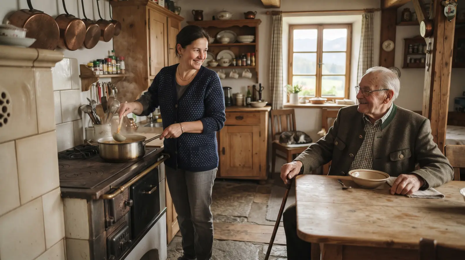 Eine Betreuerin kocht in einer Bauernhausküche Suppe, ein betagter Mann sitzt am Tisch und plaudert mit ihr.