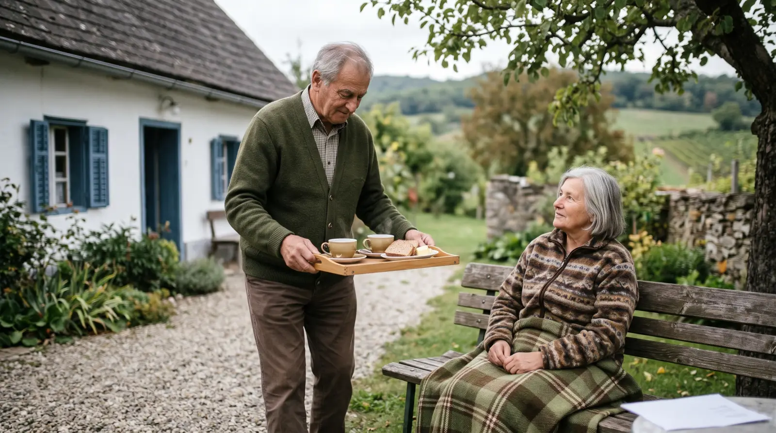 Ein Mann um die siebzig bringt seiner Frau, die in eine Decke gehüllt auf einer Gartenbank sitzt, Tee.