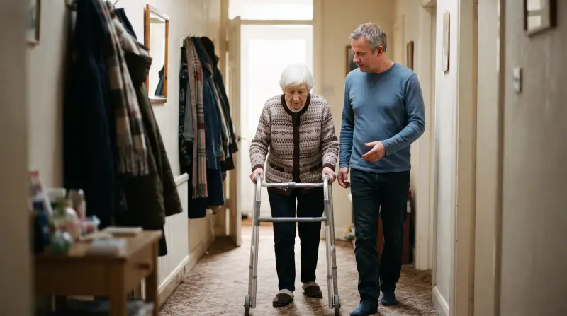 An elderly woman walks along her hallway with a walking frame while her son walks beside her.