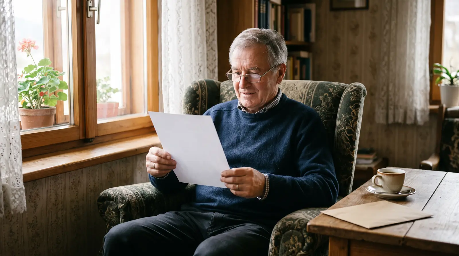 Ein Mann um die siebzig mit Lesebrille sitzt im Ohrensessel beim Fenster und liest ein einzelnes Blatt Papier.