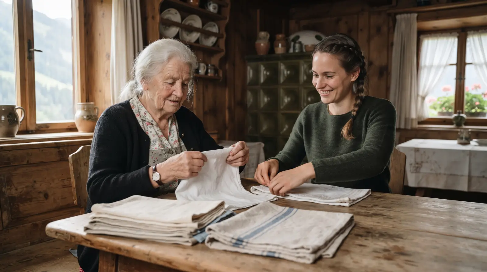 Eine hochbetagte Frau legt mit ihrer Enkelin in einer Tiroler Bauernküche Handtücher zusammen.