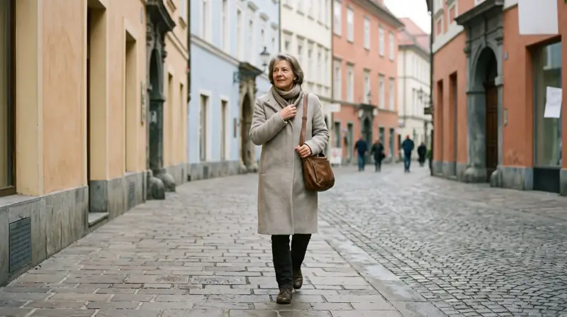 Eine Frau um die sechzig geht an einem Herbstmorgen mit Umhängetasche durch eine Altstadtgasse.