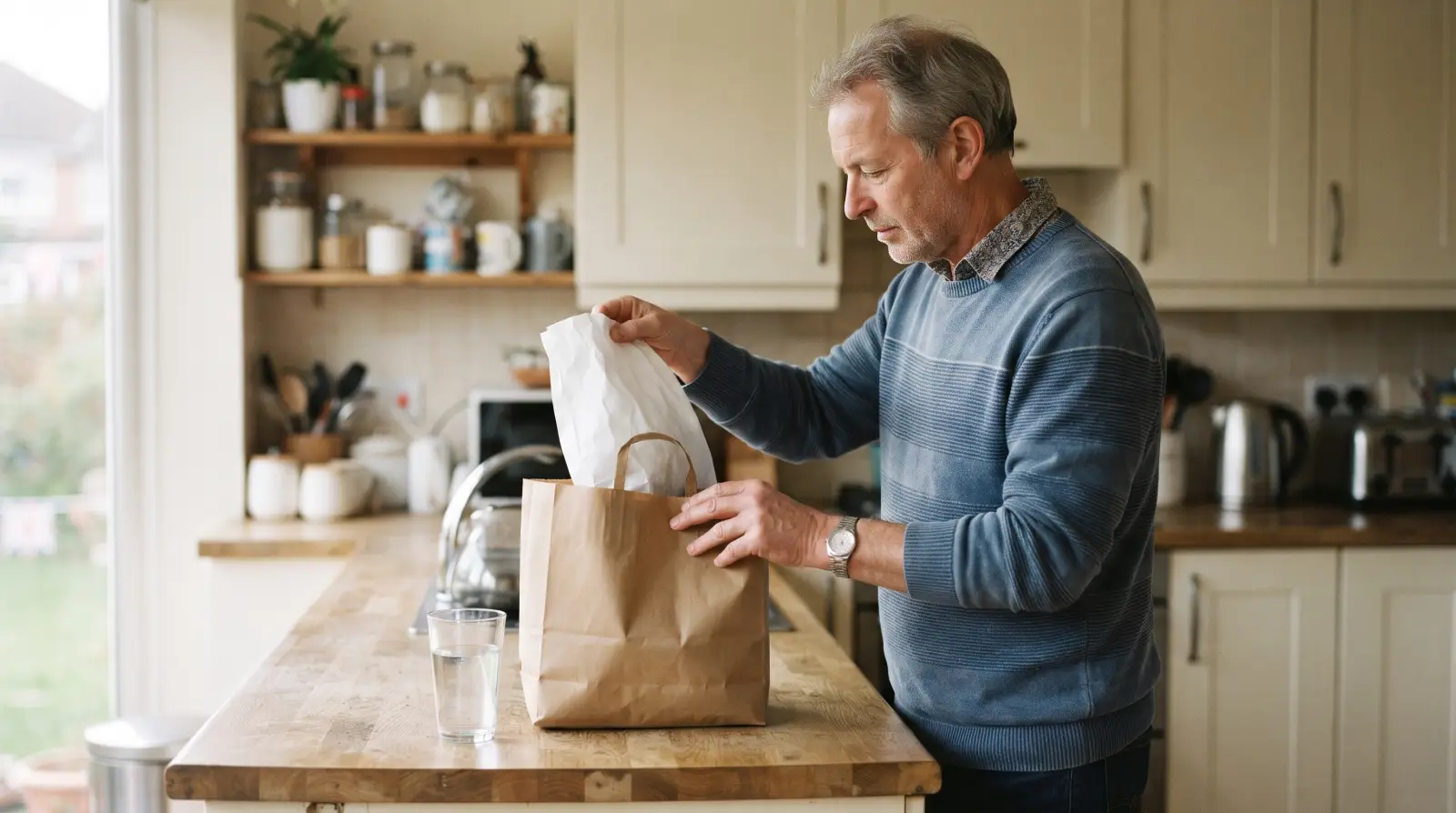 A man in his early sixties takes a plain white pharmacy bag out of a paper shopping bag in his kitchen.