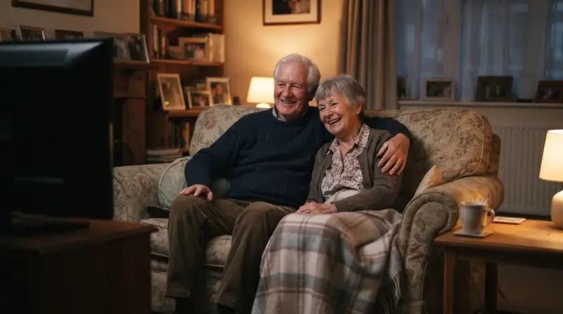 An older couple sit together on a sofa watching television on a winter evening.