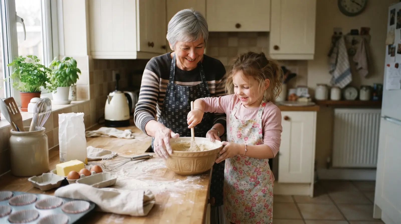 A grandmother and her young granddaughter mix cake batter together in a family kitchen.
