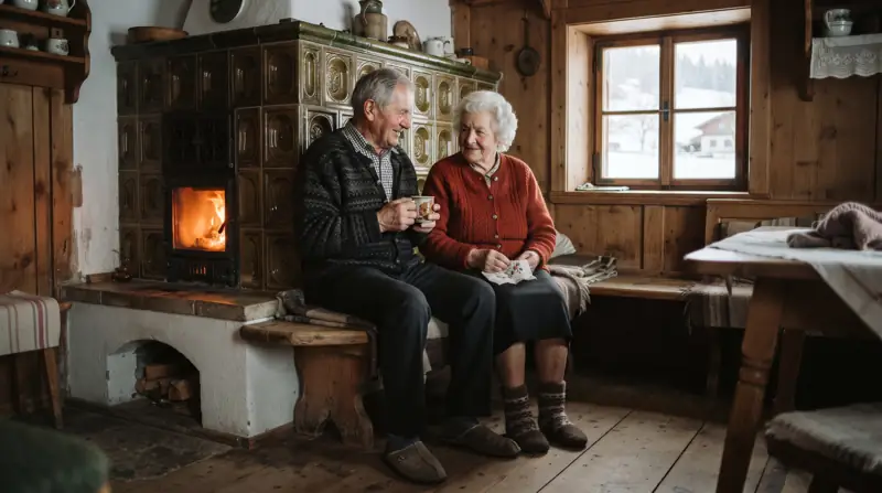 Ein älteres Ehepaar sitzt in einer Bauernstube auf der Bank am Kachelofen, draußen liegt Schnee.