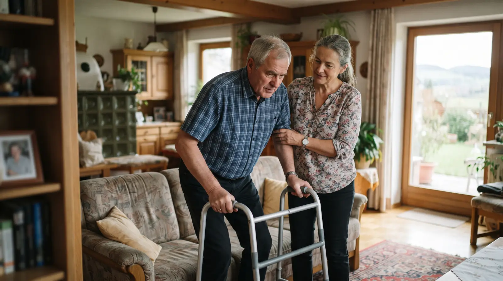 Eine Frau hilft ihrem Mann mit Rollator im Wohnzimmer beim Aufstehen vom Sofa.