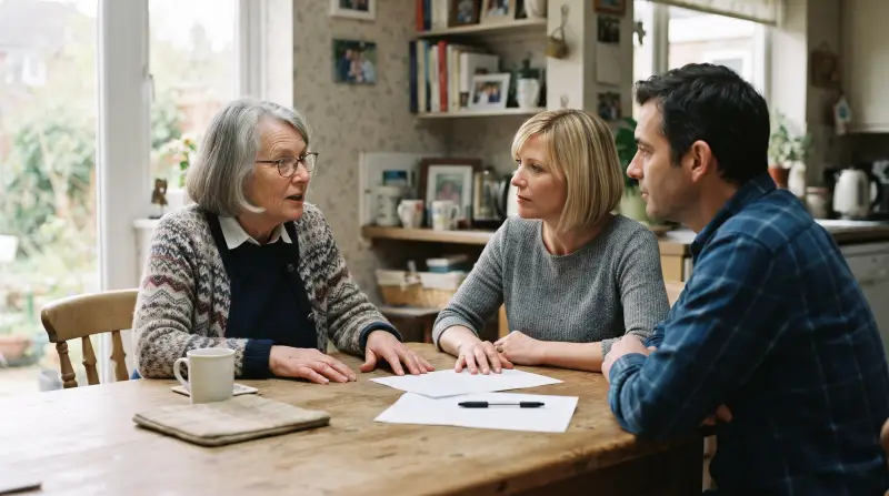 A mother in her seventies talks with her adult son and daughter at a dining table with a few papers.