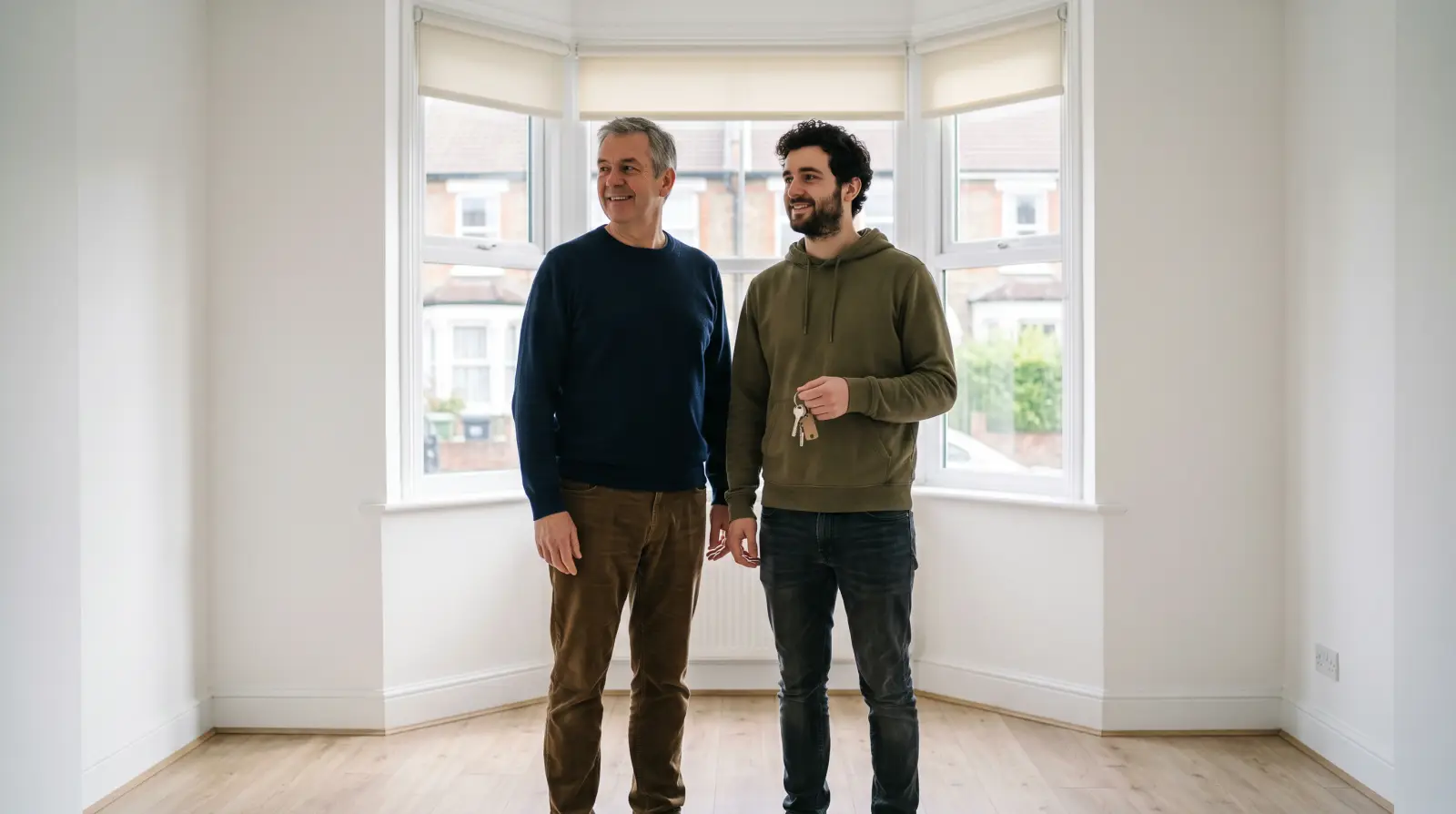 A father and his adult son stand in the empty living room of a small flat, the son holding a set of keys.