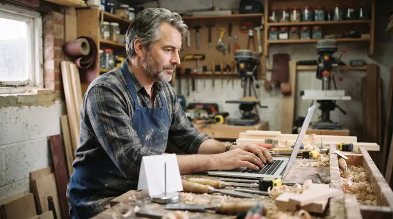 A carpenter in his fifties types on a laptop at the workbench of his workshop.