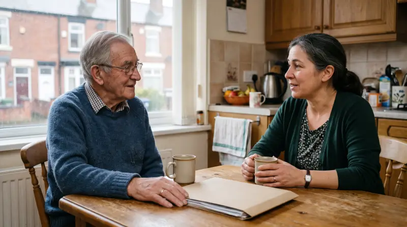 An older man and his daughter talk over mugs of tea at a kitchen table in a terraced house.