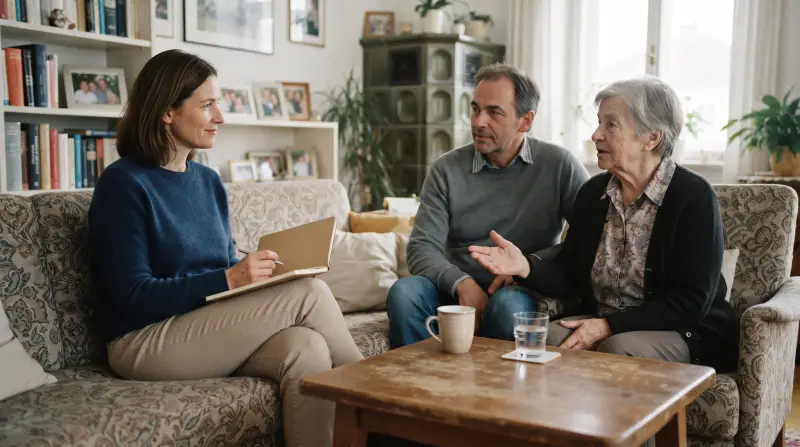 Eine Gutachterin sitzt im Wohnzimmer einer älteren Frau und ihrem Sohn gegenüber und hört zu.