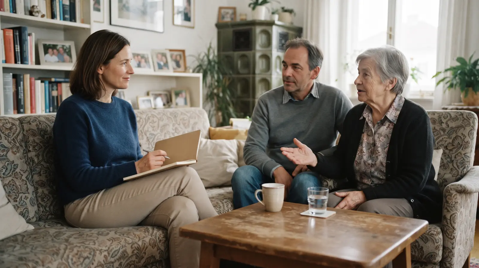 Eine Gutachterin sitzt im Wohnzimmer einer älteren Frau und ihrem Sohn gegenüber und hört zu.