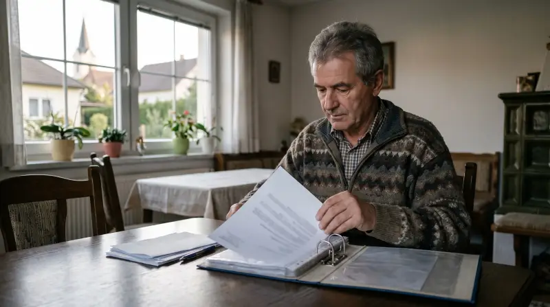Ein Mann um die sechzig ordnet am Esstisch Arztbriefe in einen Ordner.