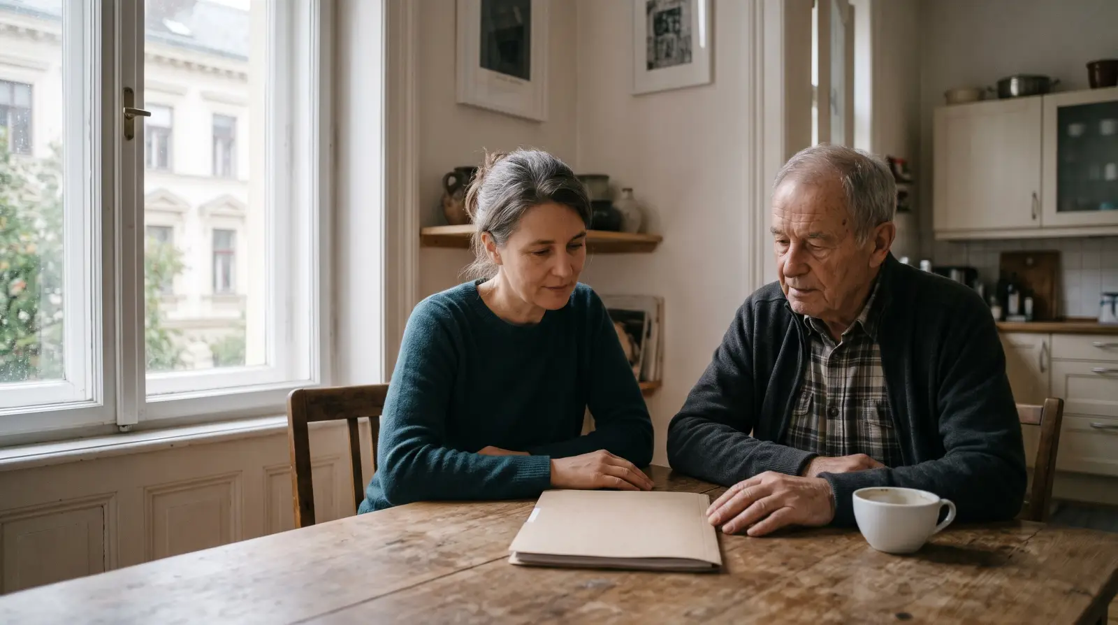 Eine Frau um die fünfzig sitzt mit ihrem betagten Vater in einer Wiener Altbauküche am Tisch, zwischen ihnen eine geschlossene Mappe.