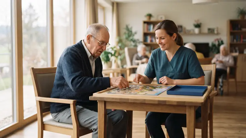 Ein betagter Mann legt im Aufenthaltsraum eines Pflegeheims mit einer Betreuerin ein Puzzle.