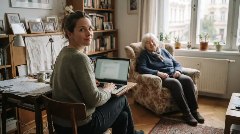 Eine Frau arbeitet in der Wohnung ihrer Mutter am Laptop, die Mutter ruht im Lehnstuhl.