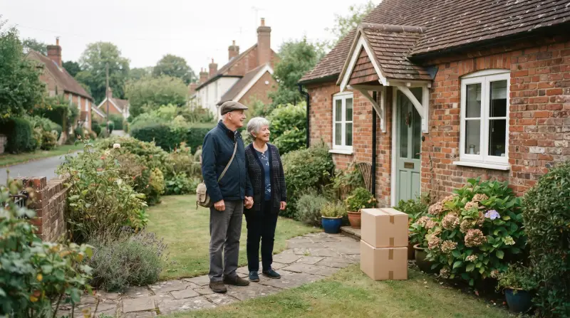 A couple in their sixties stand on the garden path in front of a small brick bungalow with boxes by the door.