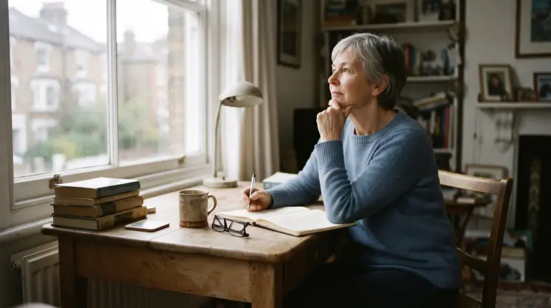 A woman in her sixties sits at a writing desk by the window, pen in hand, looking out thoughtfully.