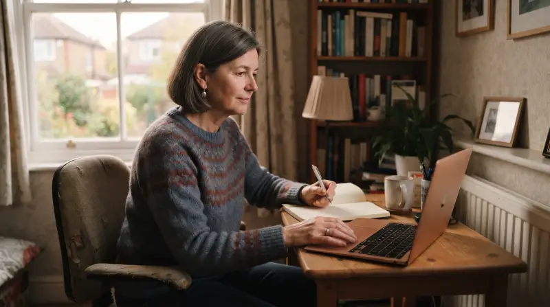 A woman in her late fifties sits at a desk in a spare room, writing in a notebook beside an open laptop.