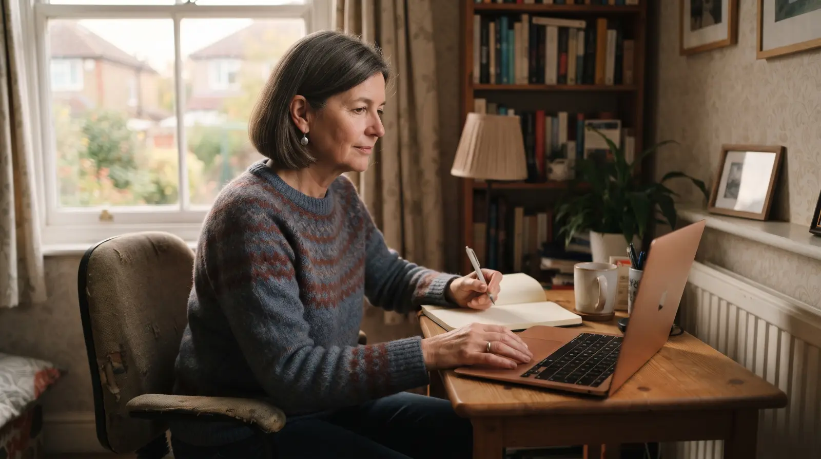 A woman in her late fifties sits at a desk in a spare room, writing in a notebook beside an open laptop.