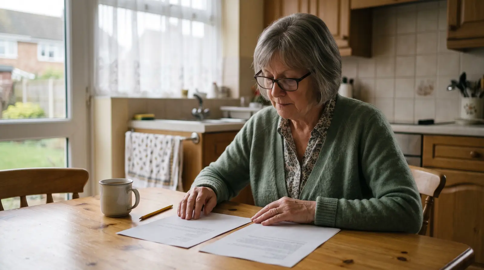 A woman around seventy with reading glasses compares two sheets of paper at her kitchen table.