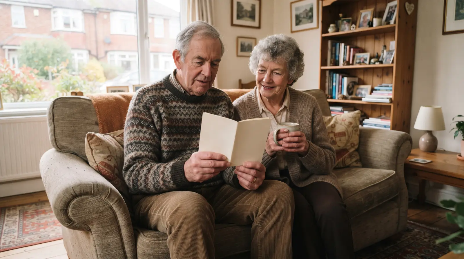 A married couple in their seventies sit on a sofa, the husband reading a booklet while his wife holds a cup of tea.