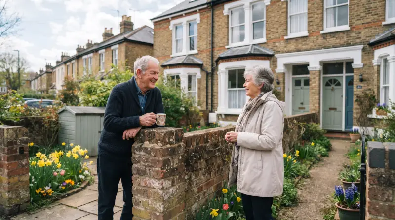 Two neighbours in their seventies chat over a low brick garden wall outside their terraced houses on a spring morning.