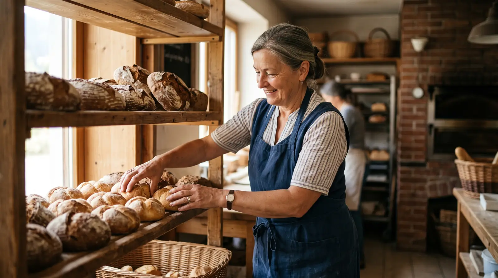 Eine Frau Anfang sechzig in Schürze ordnet in einer kleinen Bäckerei frisches Gebäck in ein Holzregal.