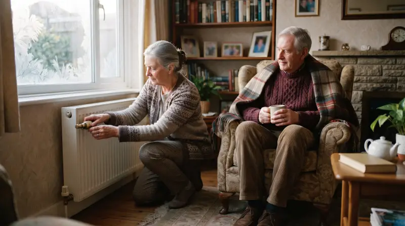 A woman in her seventies adjusts a radiator valve while her husband sits under a blanket in a winter living room.